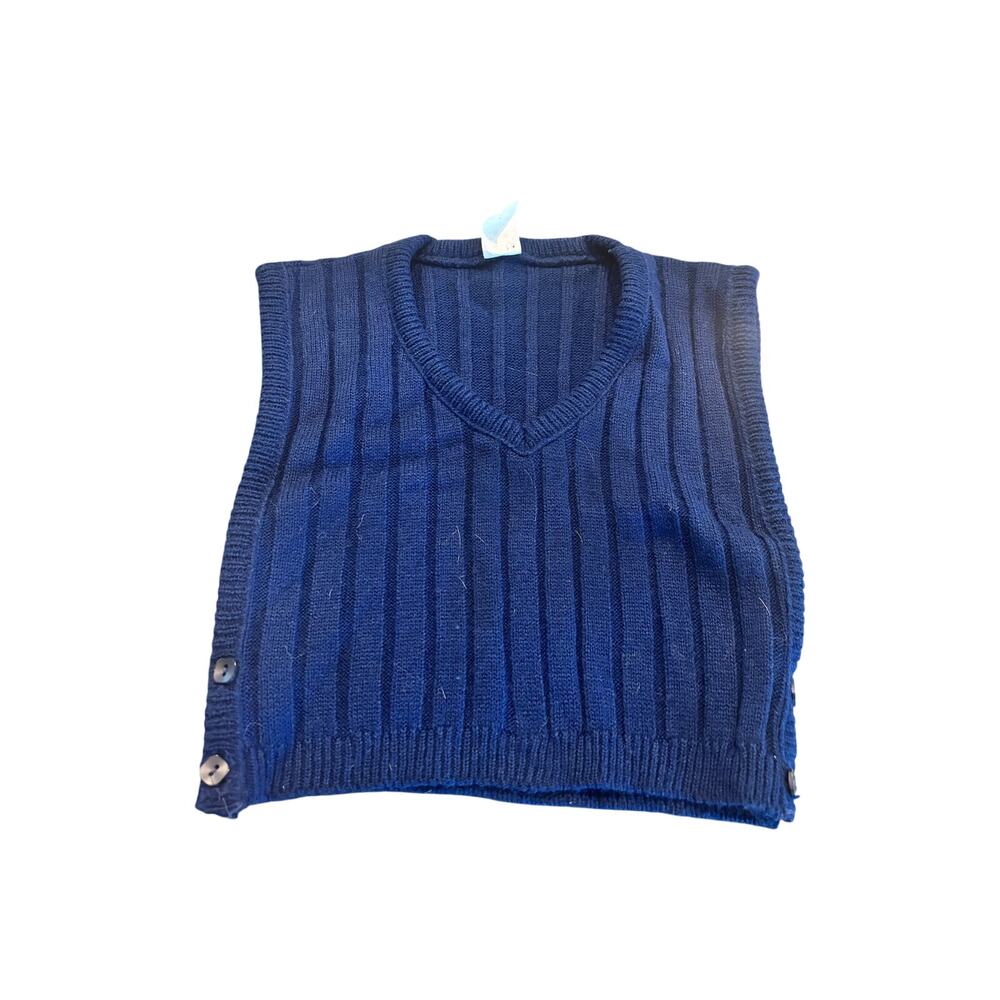 Blue Ribbed Knit V-Neck Sweater Side Buttons Size S 7/8